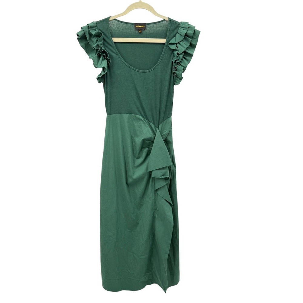 Sugar Lips Green Ruffle Sleeve Midi Dress Side Gathered Ruched Women's S